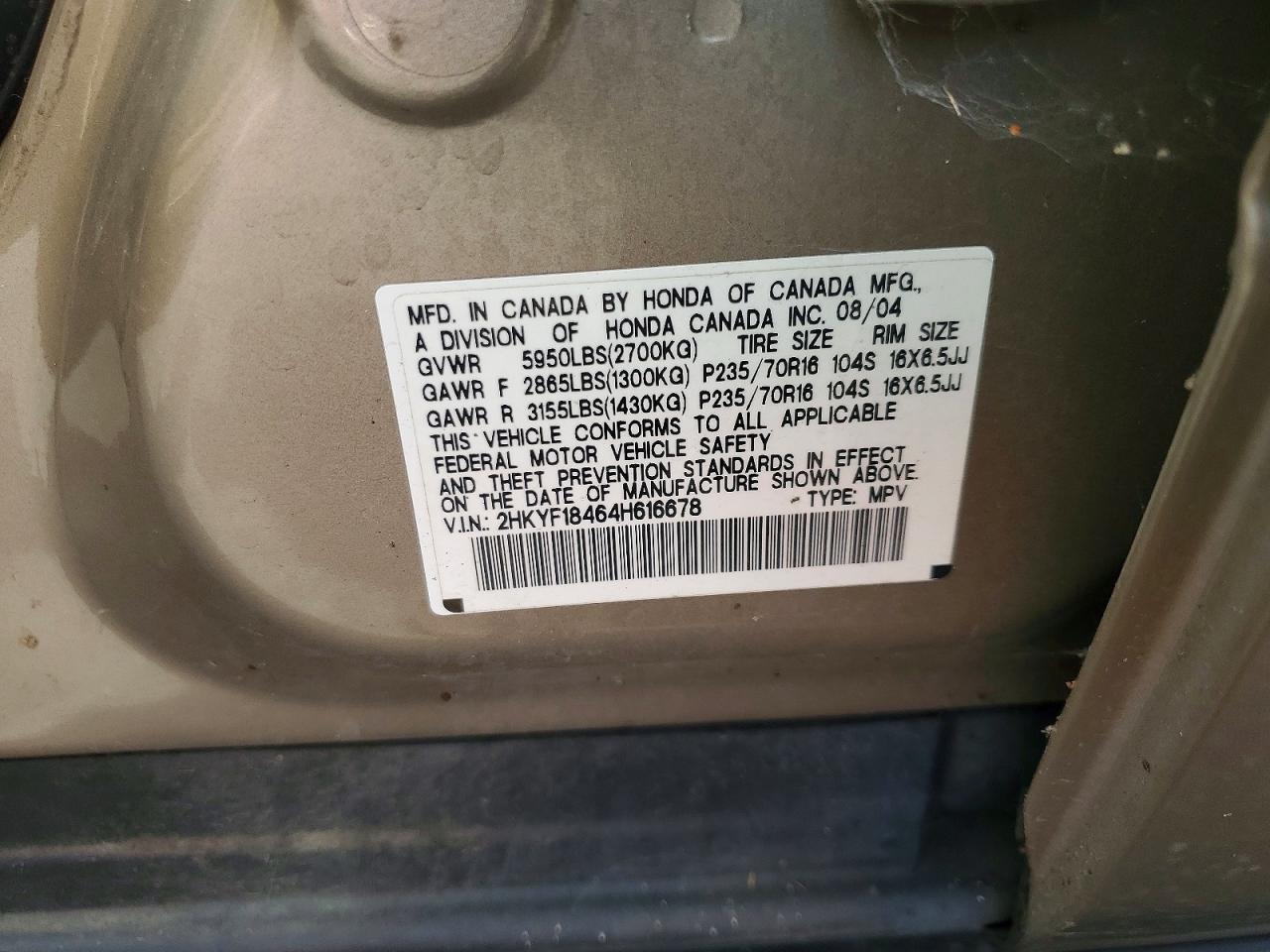 2004 Honda Pilot Ex Brown vin: 2HKYF18464H616678