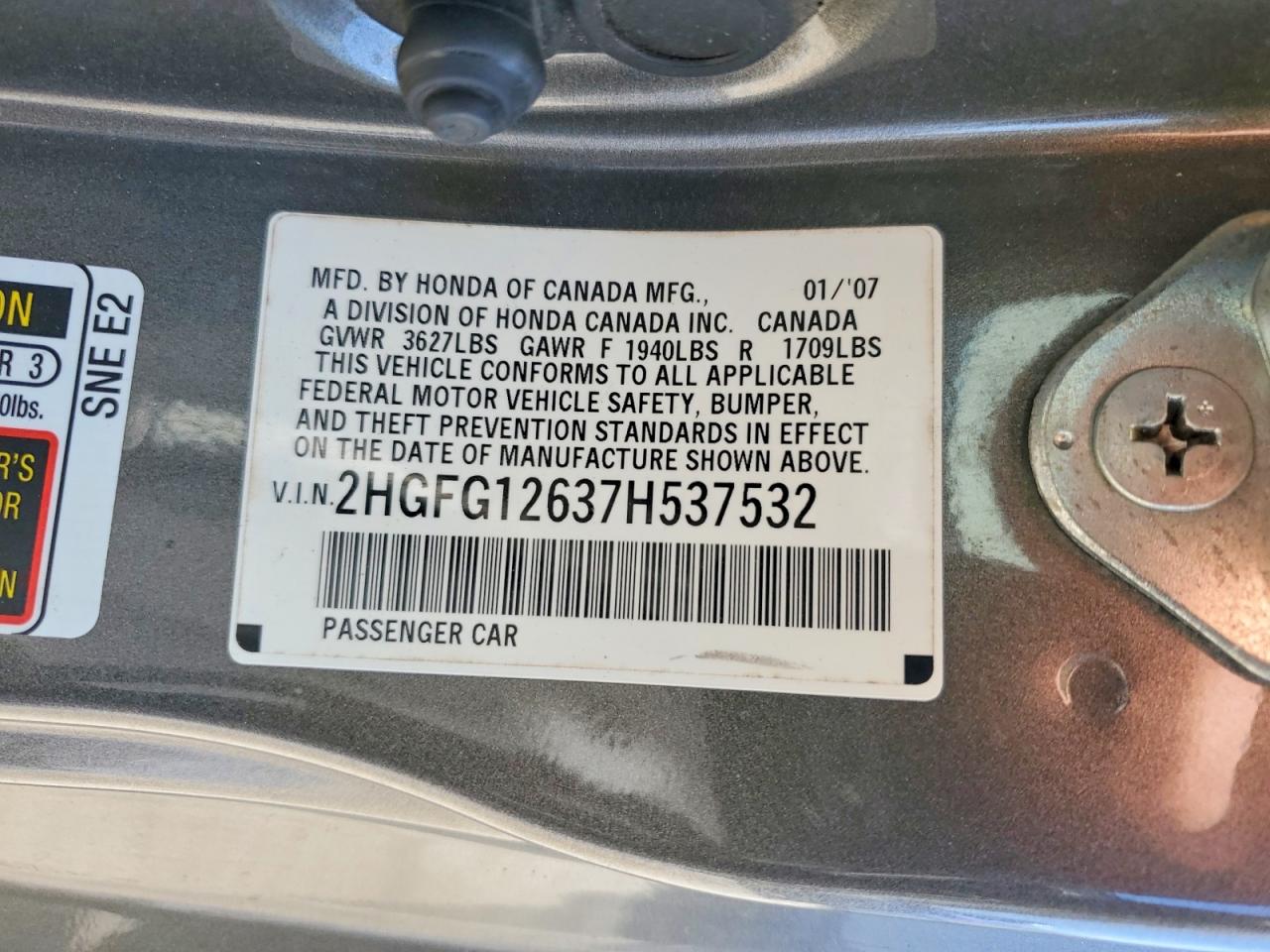 2007 Honda Civic Lx Gray vin: 2HGFG12637H537532