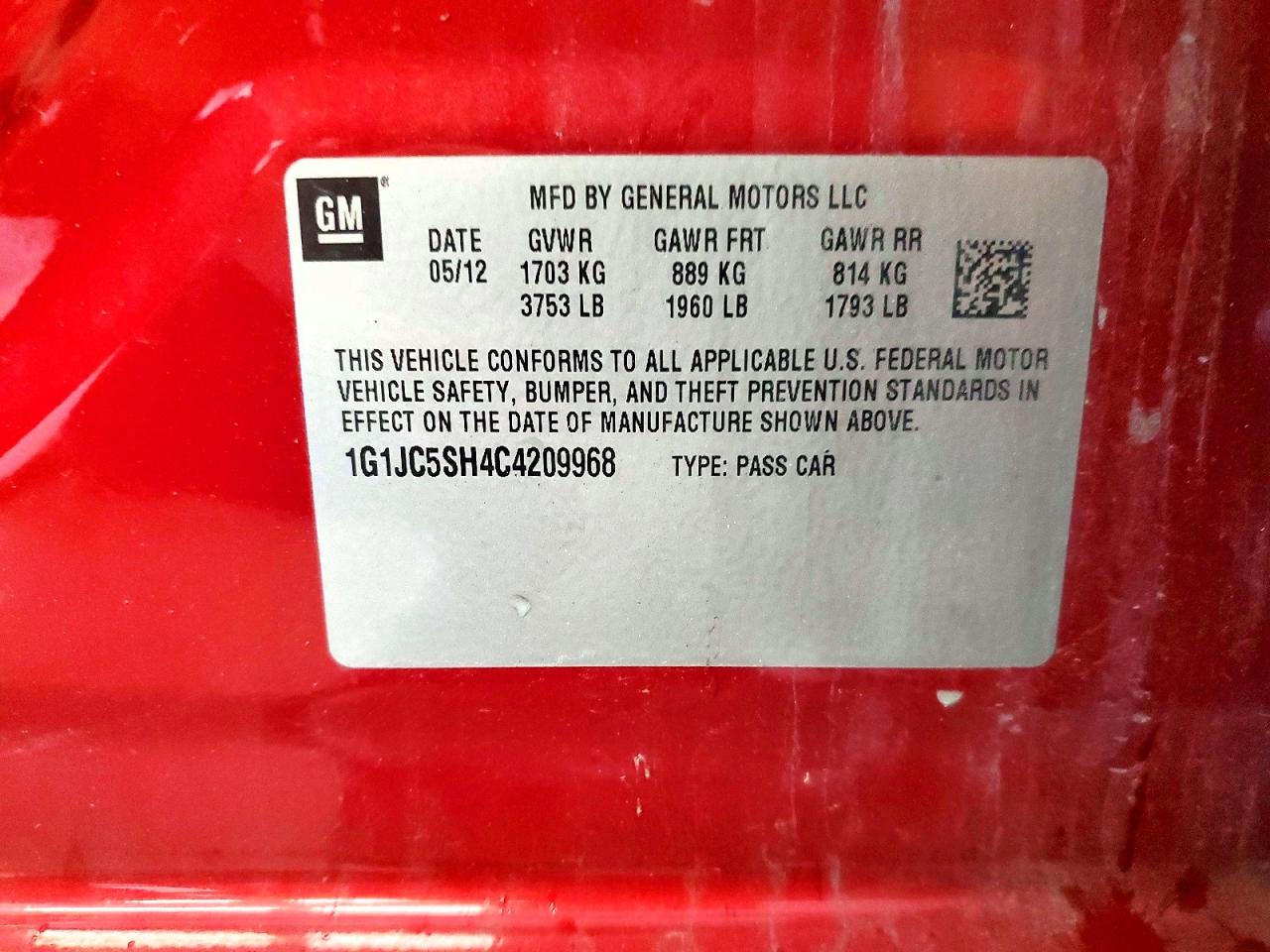 2012 Chevrolet Sonic Lt Red vin: 1G1JC5SH4C4209968