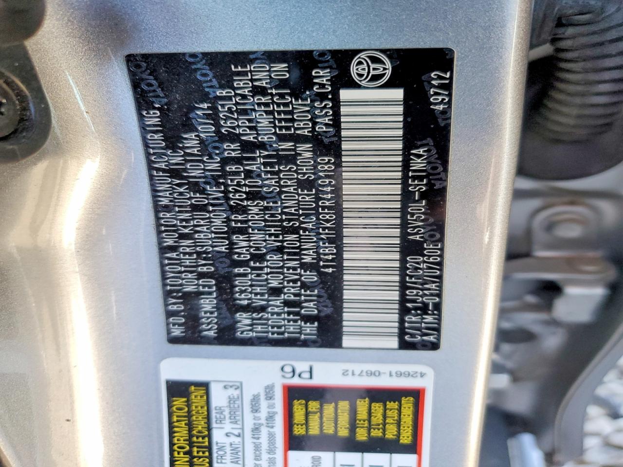 2015 Toyota Carmy Silver vin: 4T4BF1FK8FR449189