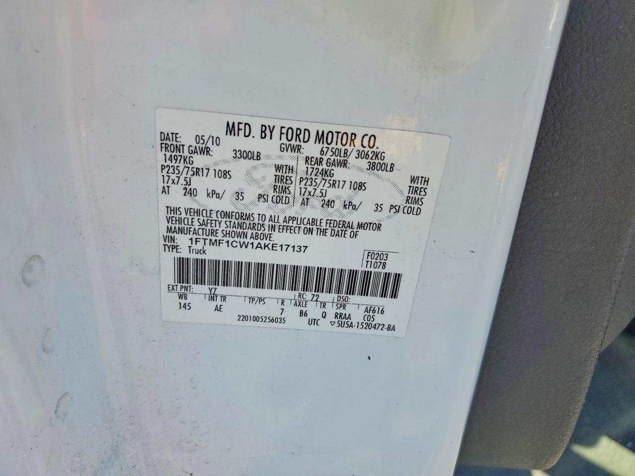 2010 Ford F150 White vin: 1FTMF1CW1AKE17137