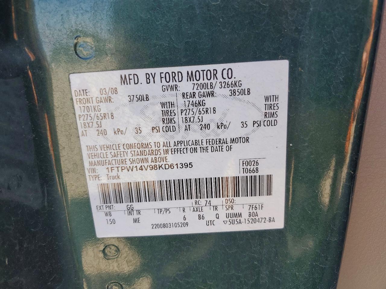 2008 Ford F150 Supercrew Green vin: 1FTPW14V98KD61395