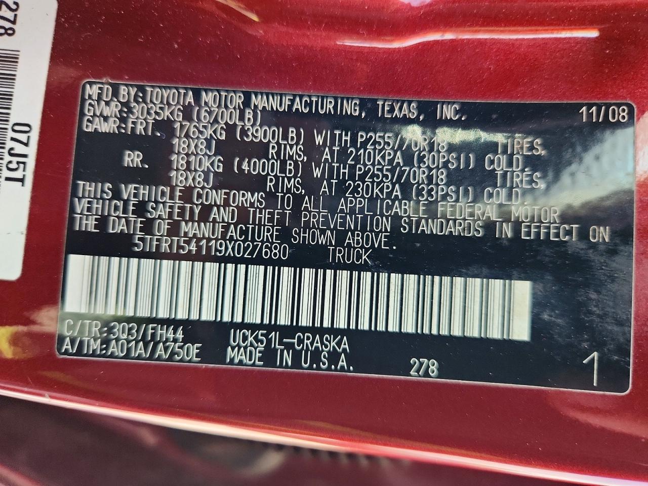 2009 Toyota Tundra Sr5 Red vin: 5TFRT54119X027680