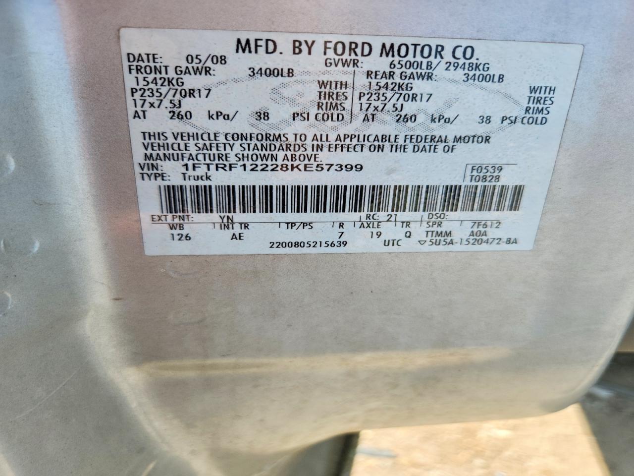 2008 Ford F150 Silver vin: 1FTRF12228KE57399
