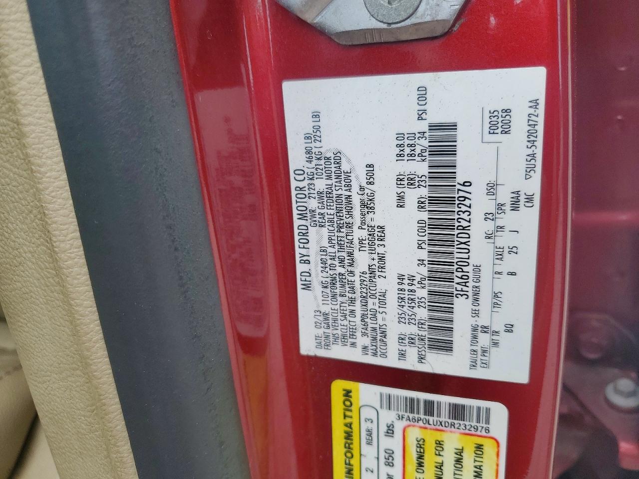 2013 Ford Fusion Se Hybrid Red vin: 3FA6P0LUXDR232976