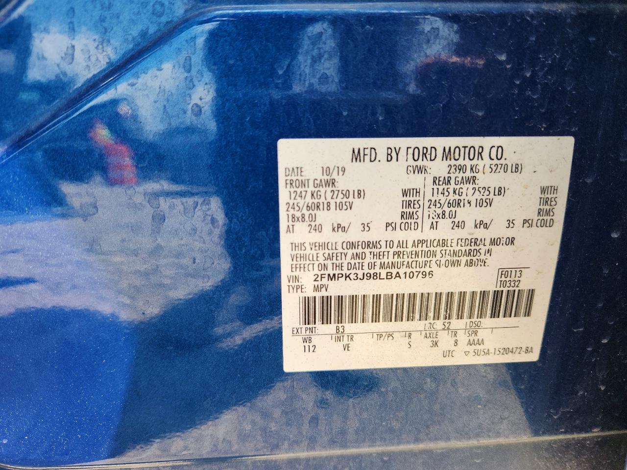 2020 Ford Edge Sel Blue vin: 2FMPK3J98LBA10796