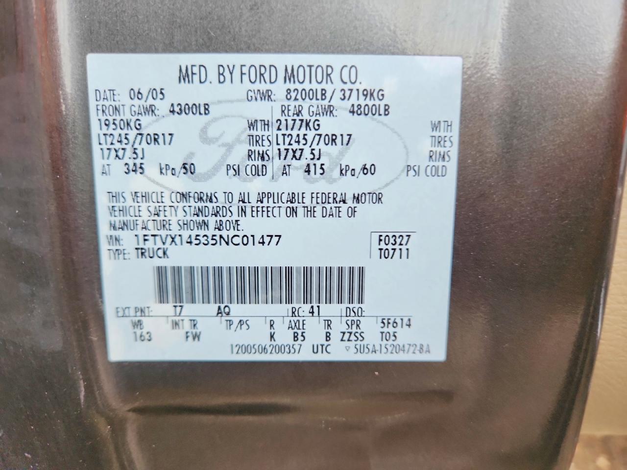 2005 Ford F150 Gray vin: 1FTVX14535NC01477