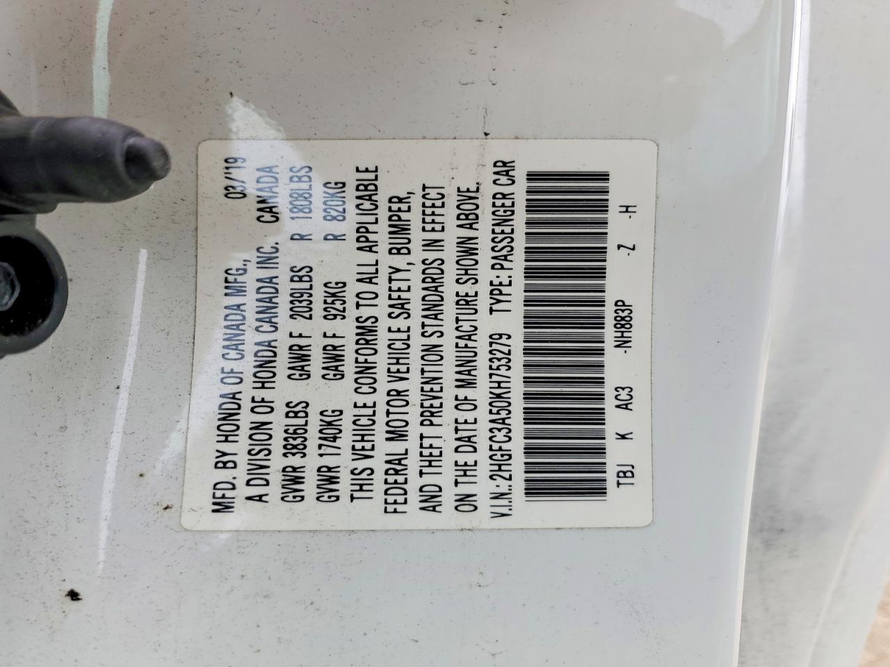 2019 Honda Civic Si White vin: 2HGFC3A50KH753279