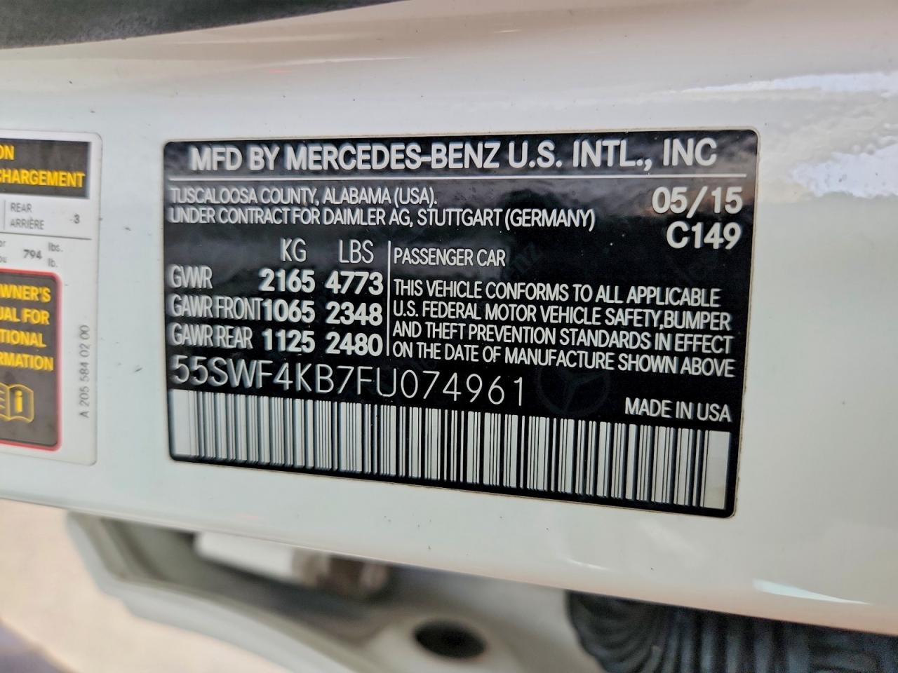 2015 Mercedes-benz C 300 4matic White vin: 55SWF4KB7FU074961