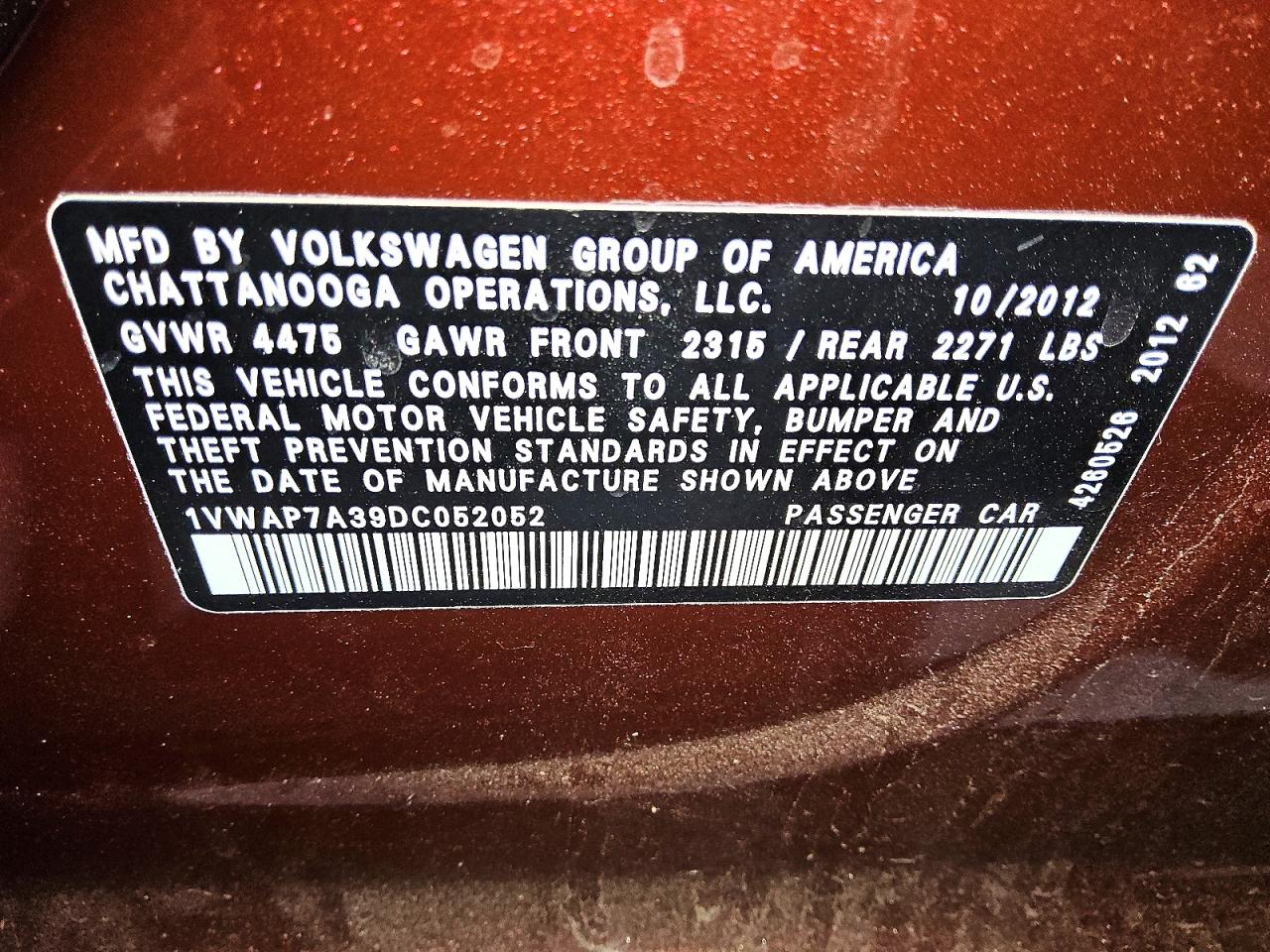 2013 Volkswagen Passat S Burgundy vin: 1VWAP7A39DC052052
