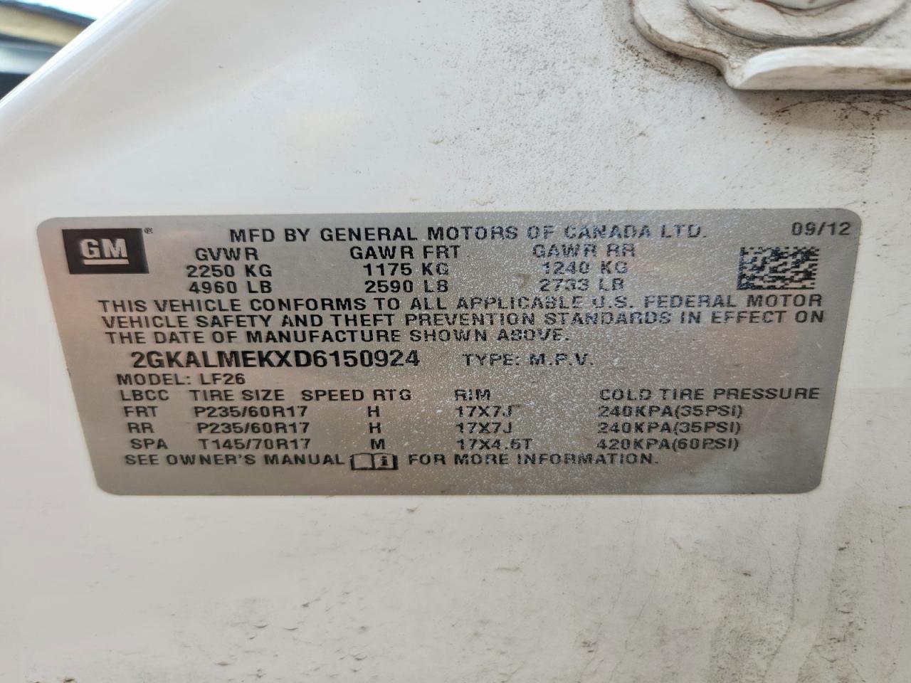 2013 Gmc Terrain Sle Белый vin: 2GKALMEKXD6150924