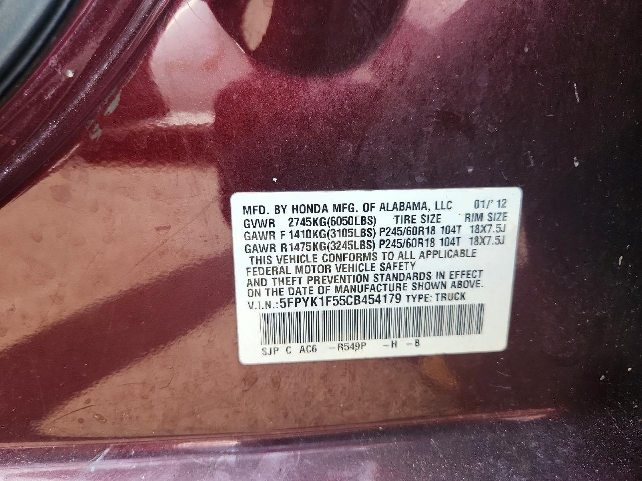 2012 Honda Ridgeline Rtl Maroon vin: 5FPYK1F55CB454179