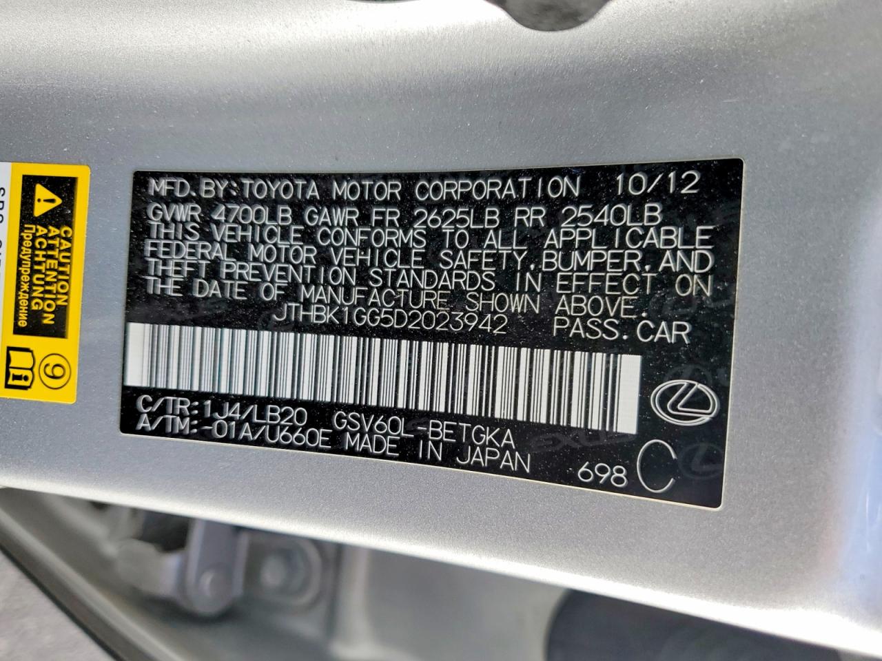 2013 Lexus Es 350 Silver vin: JTHBK1GG5D2023942