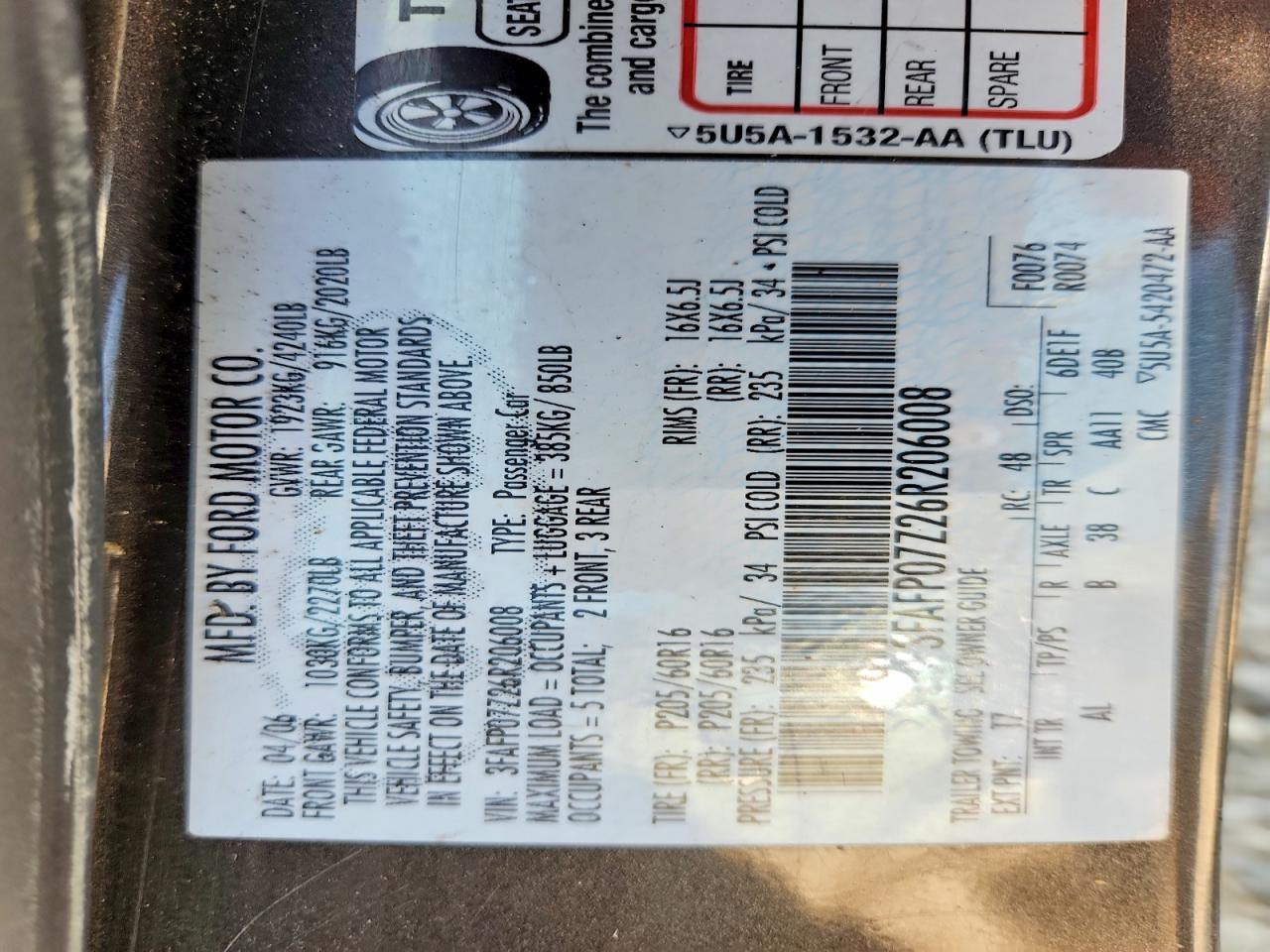 2006 Ford Fusion Se Charcoal vin: 3FAFP07Z26R206008