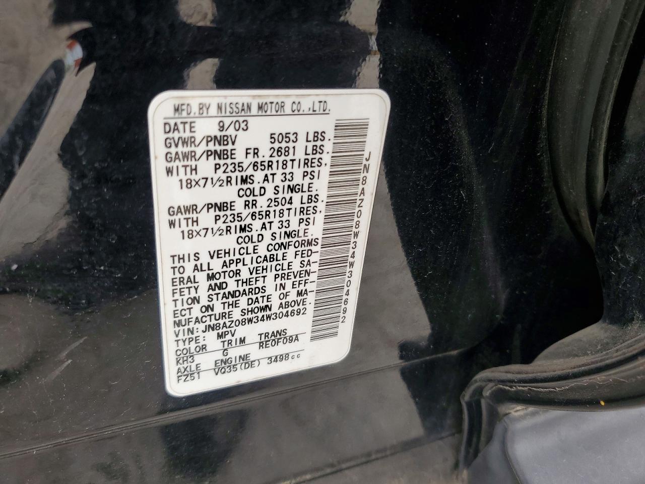 2004 Nissan Murano Sl Black vin: JN8AZ08W34W304692