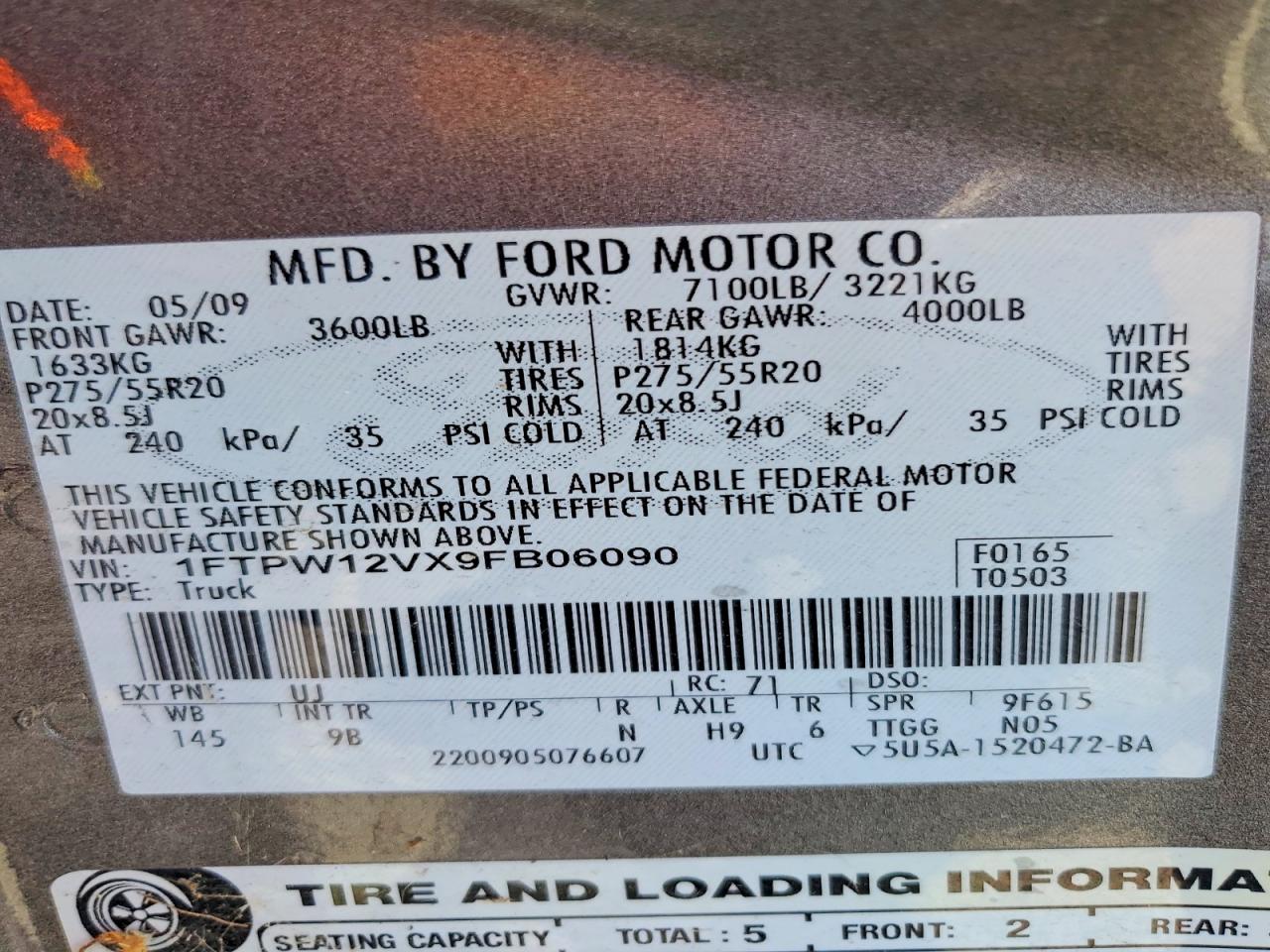 2009 Ford F150 Supercrew Charcoal vin: 1FTPW12VX9FB06090