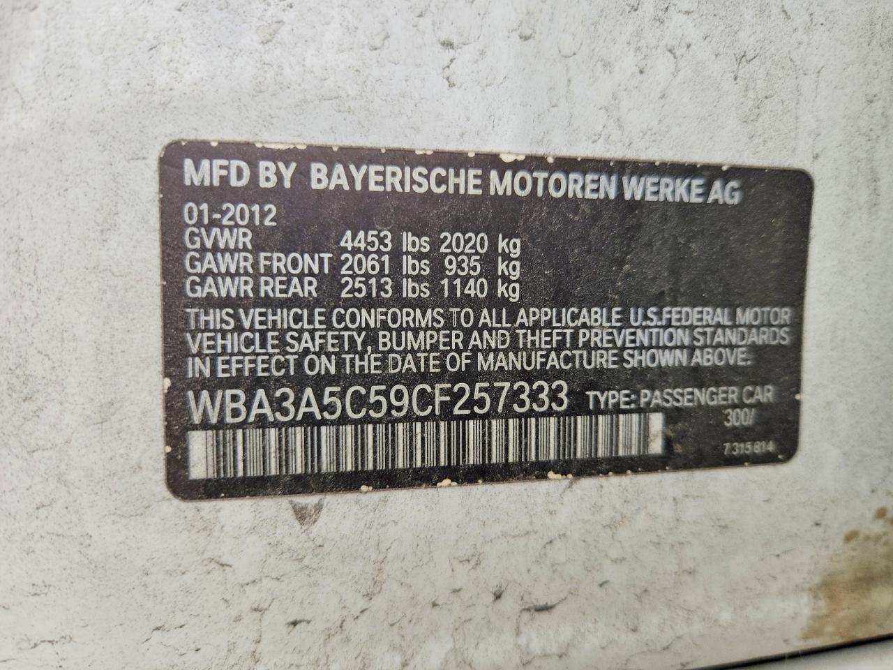 2012 Bmw 328 I Белый vin: WBA3A5C59CF257333