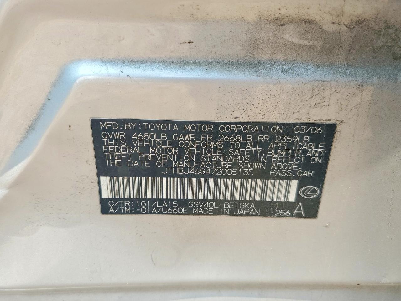 2007 Lexus Es 350 Silver vin: JTHBJ46G472005135