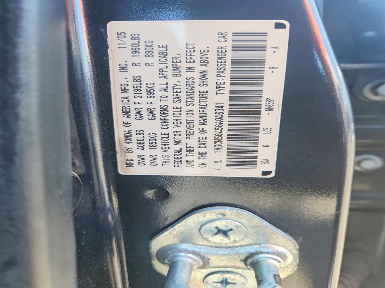 2006 Honda Accord Lx Угольный vin: 1HGCM56456A046341