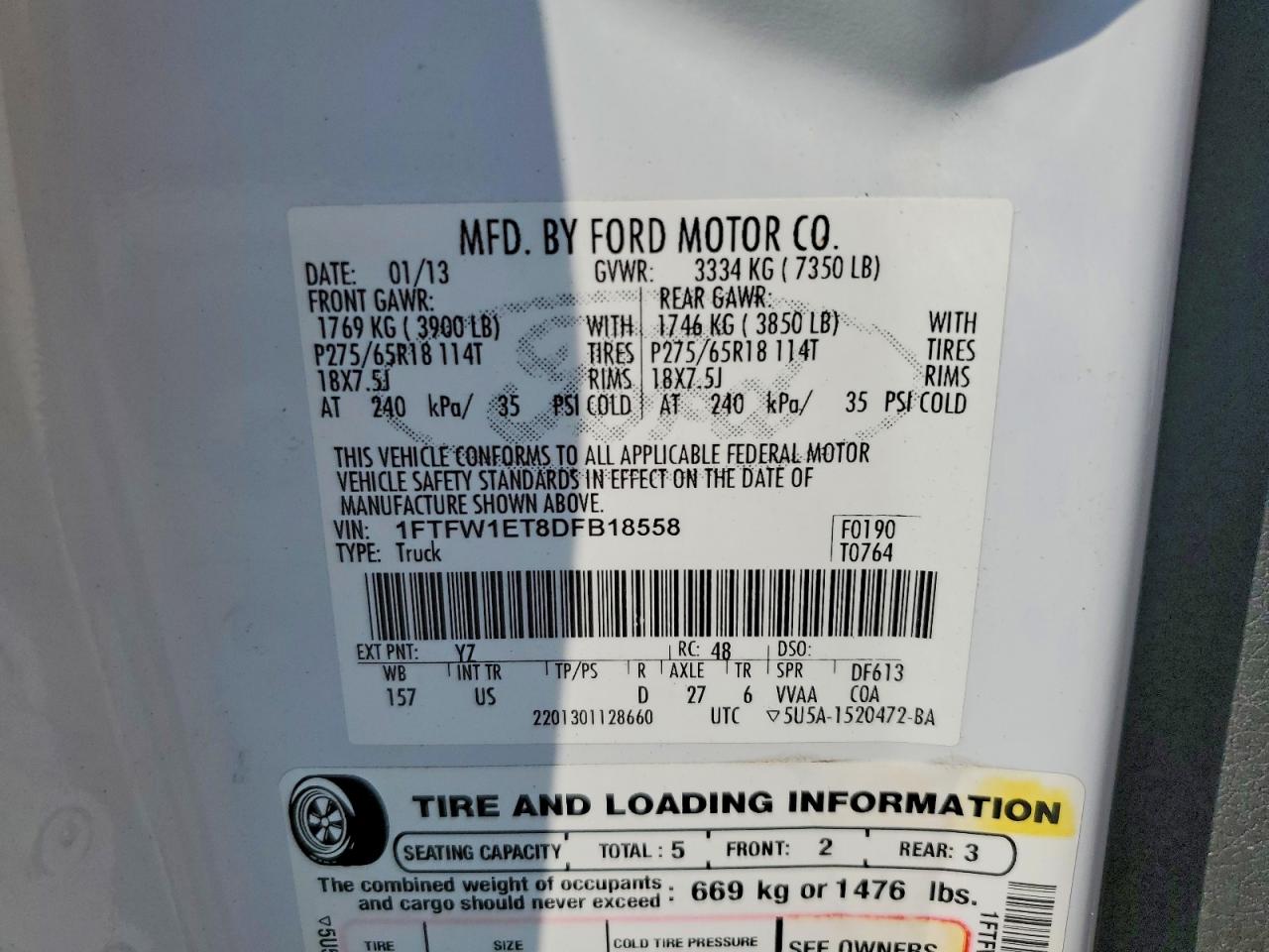 2013 Ford F150 Supercrew White vin: 1FTFW1ET8DFB18558