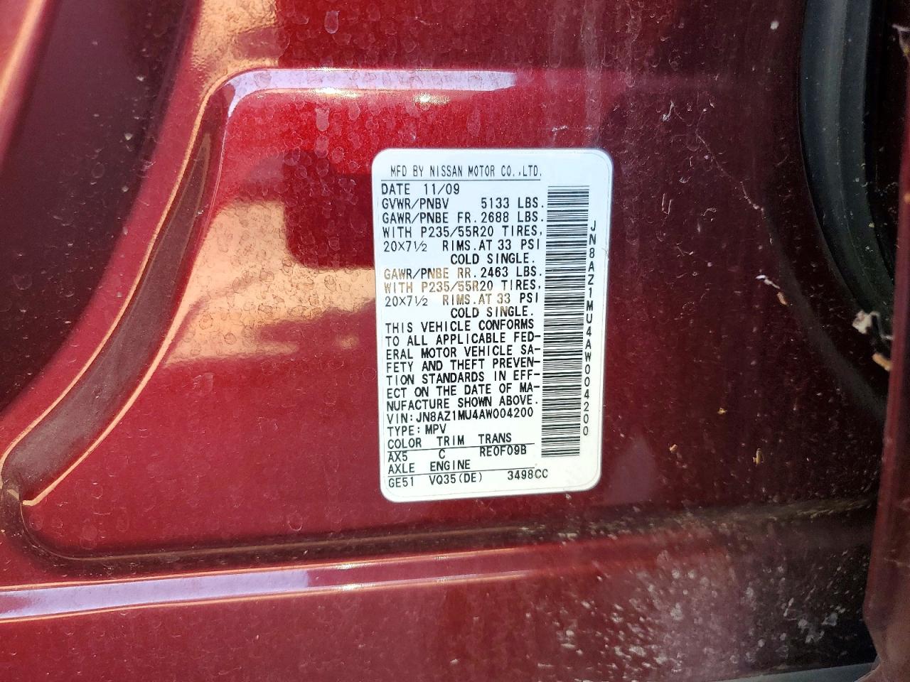 2010 Nissan Murano S Maroon vin: JN8AZ1MU4AW004200