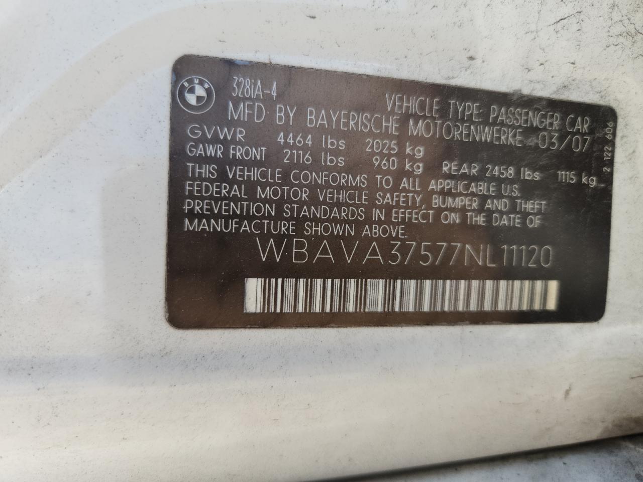 2007 Bmw 328 I White vin: WBAVA37577NL11120