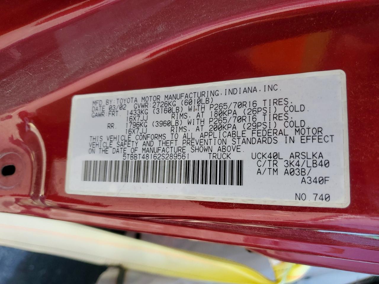 2002 Toyota Tundra Access Cab Limited Red vin: 5TBBT48162S289561