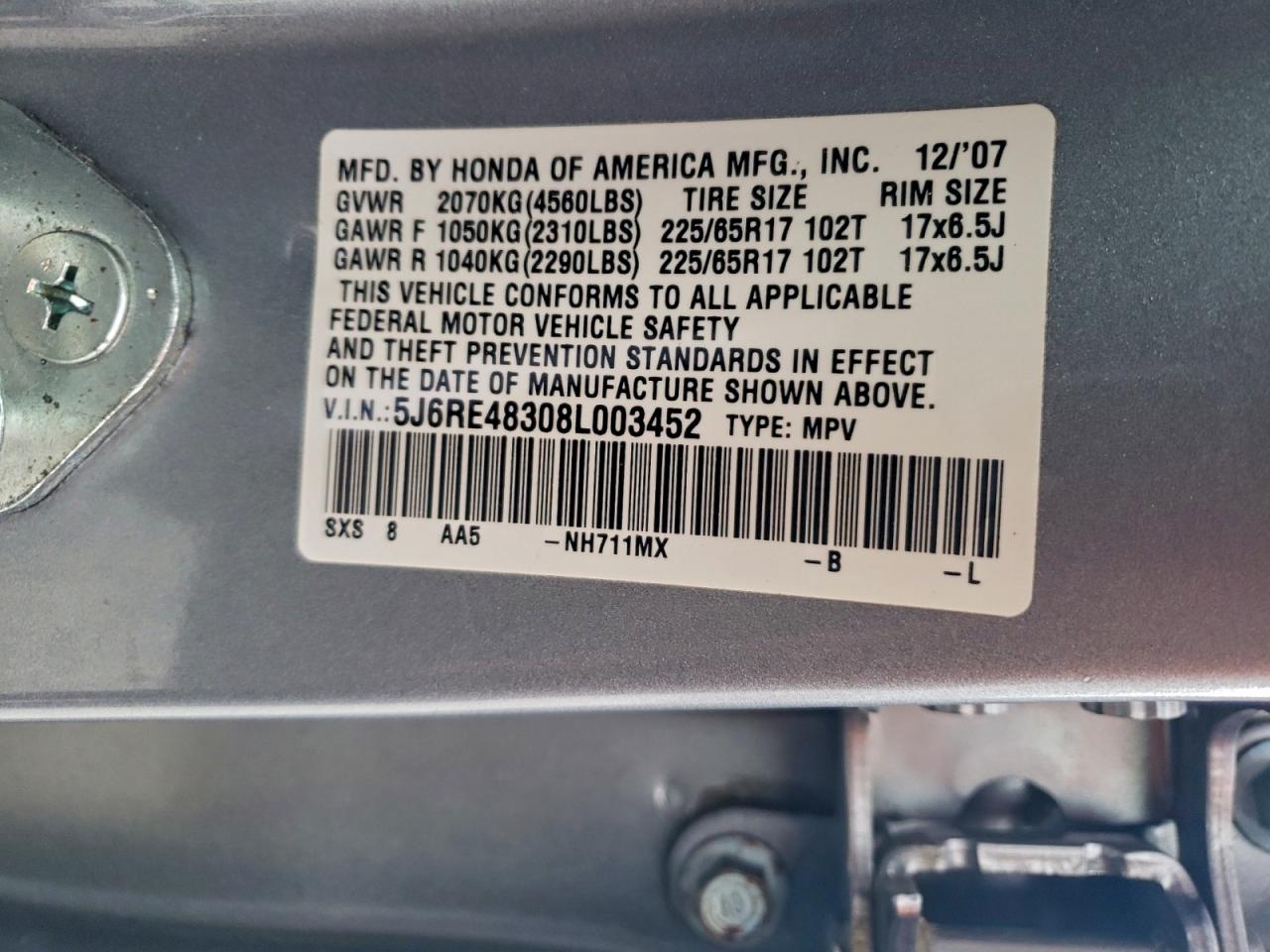 2008 Honda Cr-v Lx Silver vin: 5J6RE48308L003452