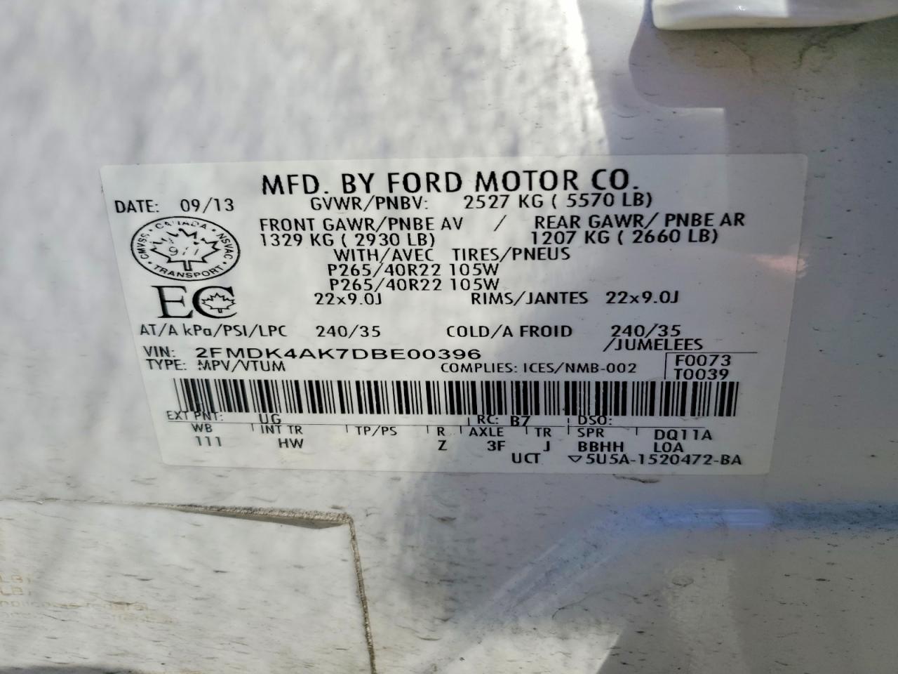 2013 Ford Edge Sport White vin: 2FMDK4AK7DBE00396