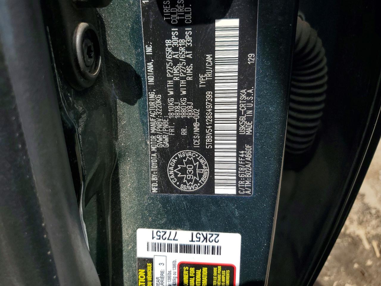 2008 Toyota Tundra Grade Green vin: 5TBBV54128S497399