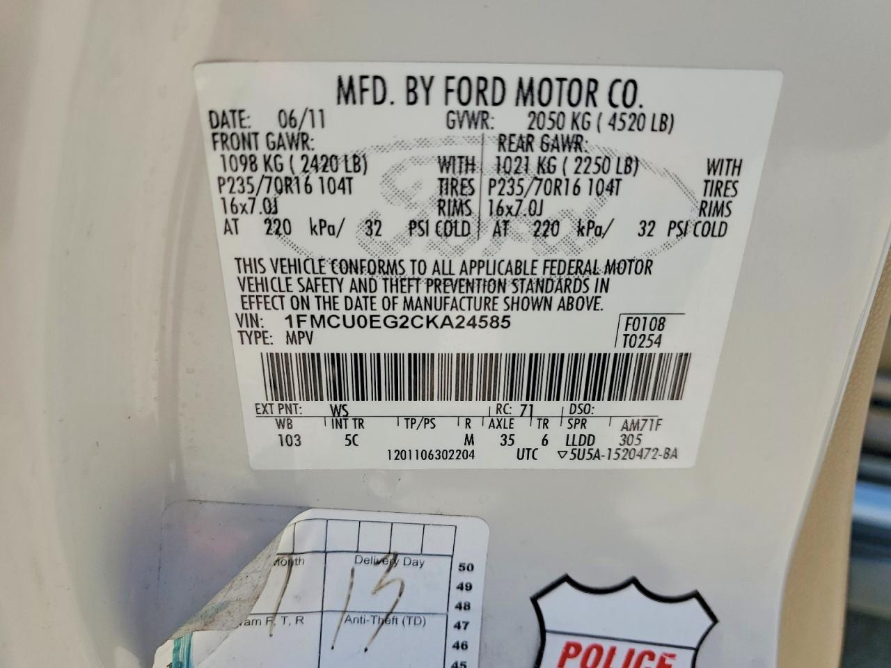 2012 Ford Escape Limited White vin: 1FMCU0EG2CKA24585