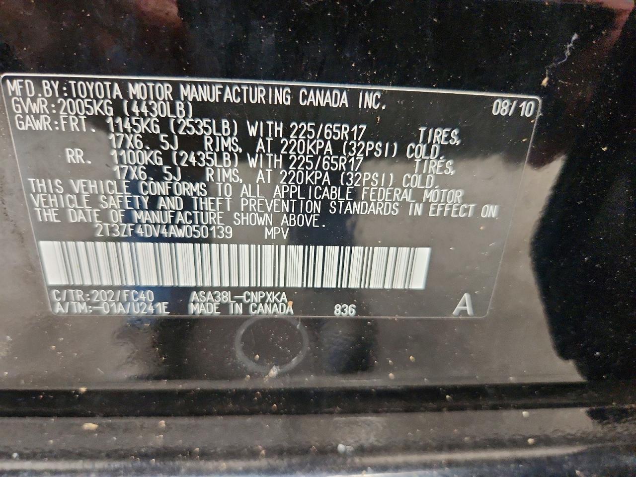 2010 Toyota Rav4 Base Black vin: 2T3ZF4DV4AW050139
