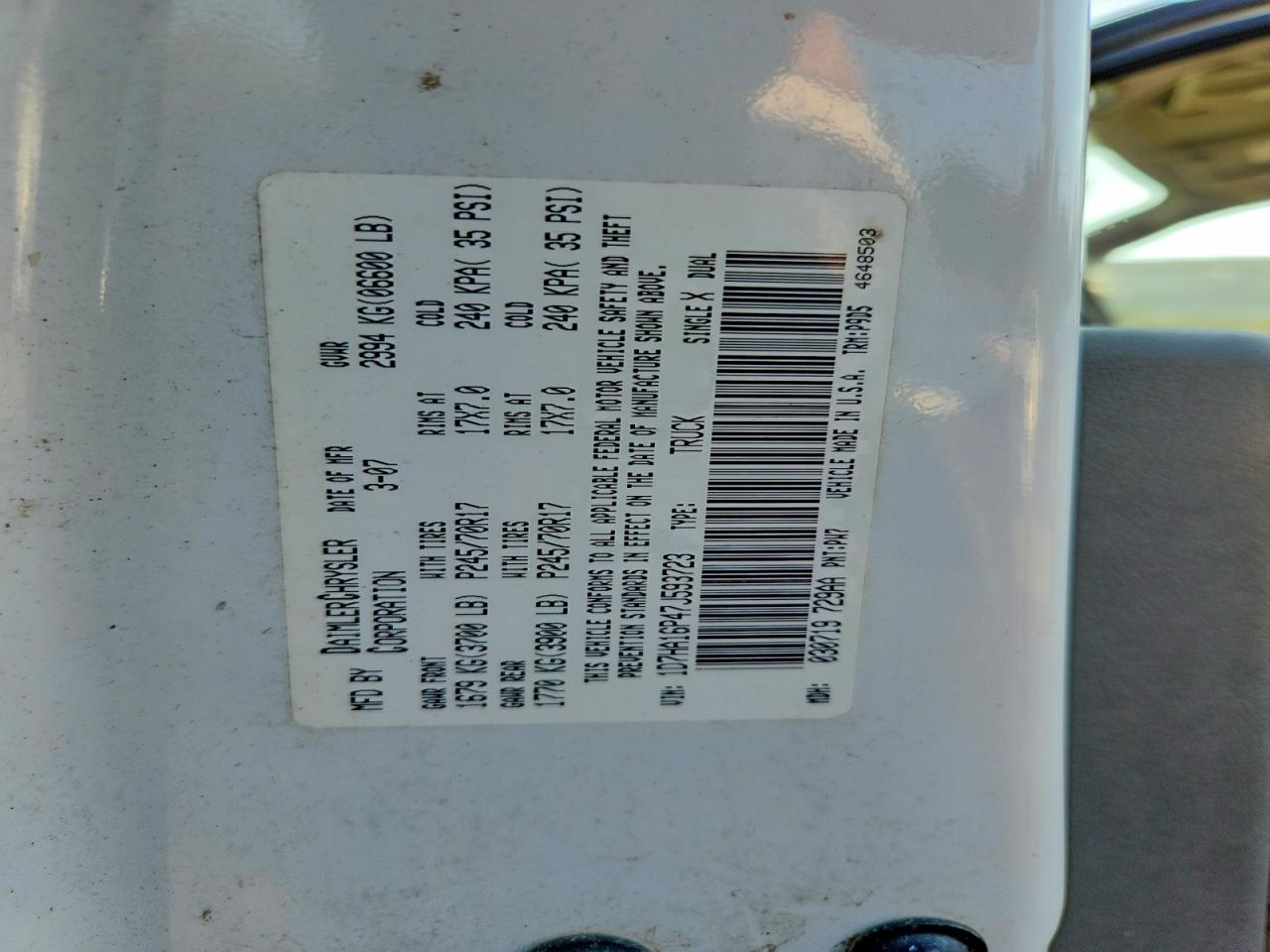 2007 Dodge Ram 1500 St White vin: 1D7HA16P47J593723