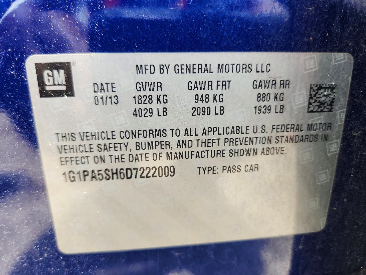 2013 Chevrolet Cruze Ls Blue vin: 1G1PA5SH6D7222009