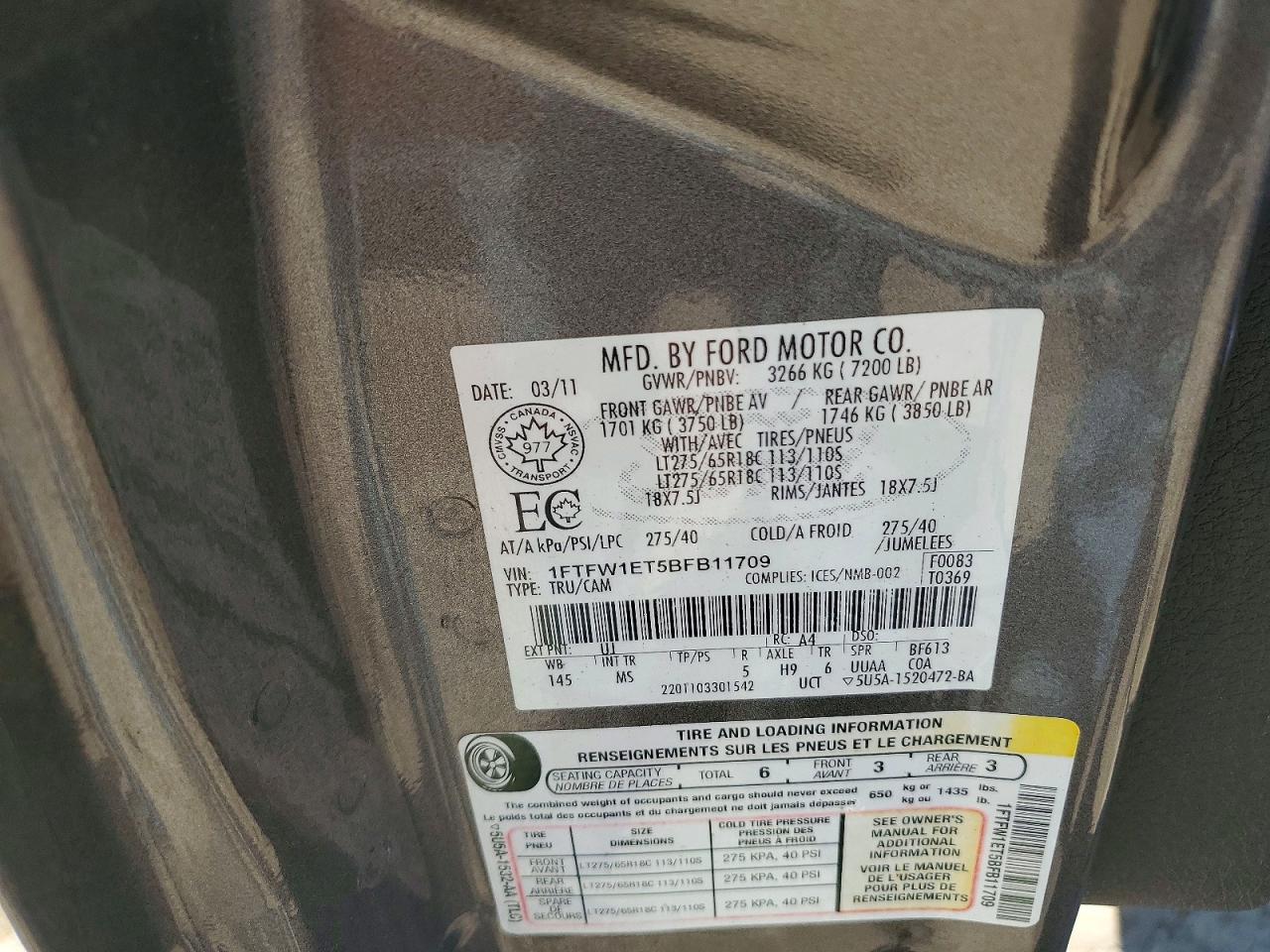 2011 Ford F150 Supercrew Charcoal vin: 1FTFW1ET5BFB11709