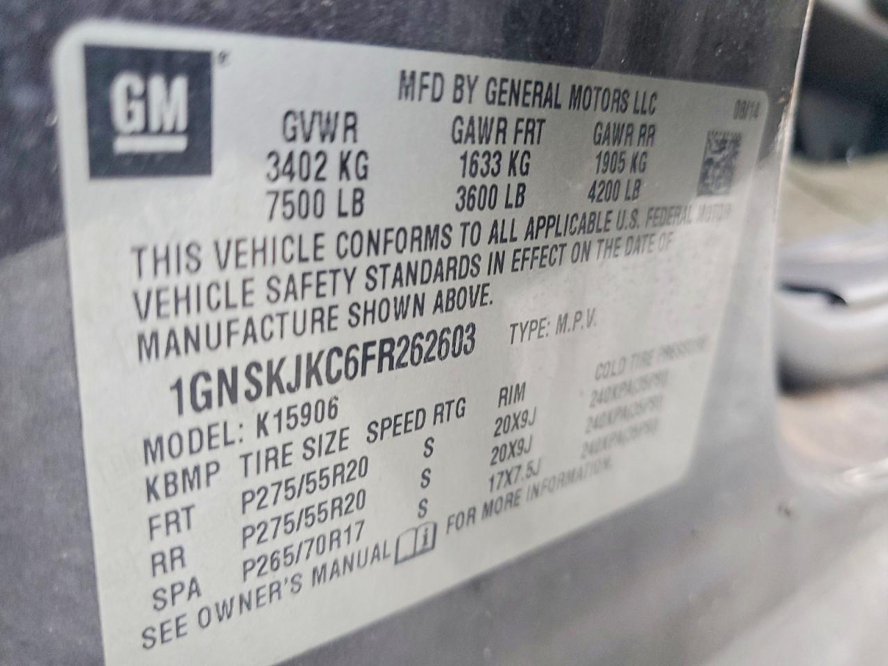 2015 Chevrolet Suburban K1500 Lt Gray vin: 1GNSKJKC6FR262603