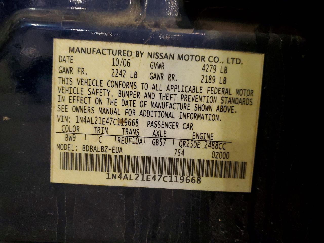 2007 Nissan Altima 2.5 Blue vin: 1N4AL21E47C119668