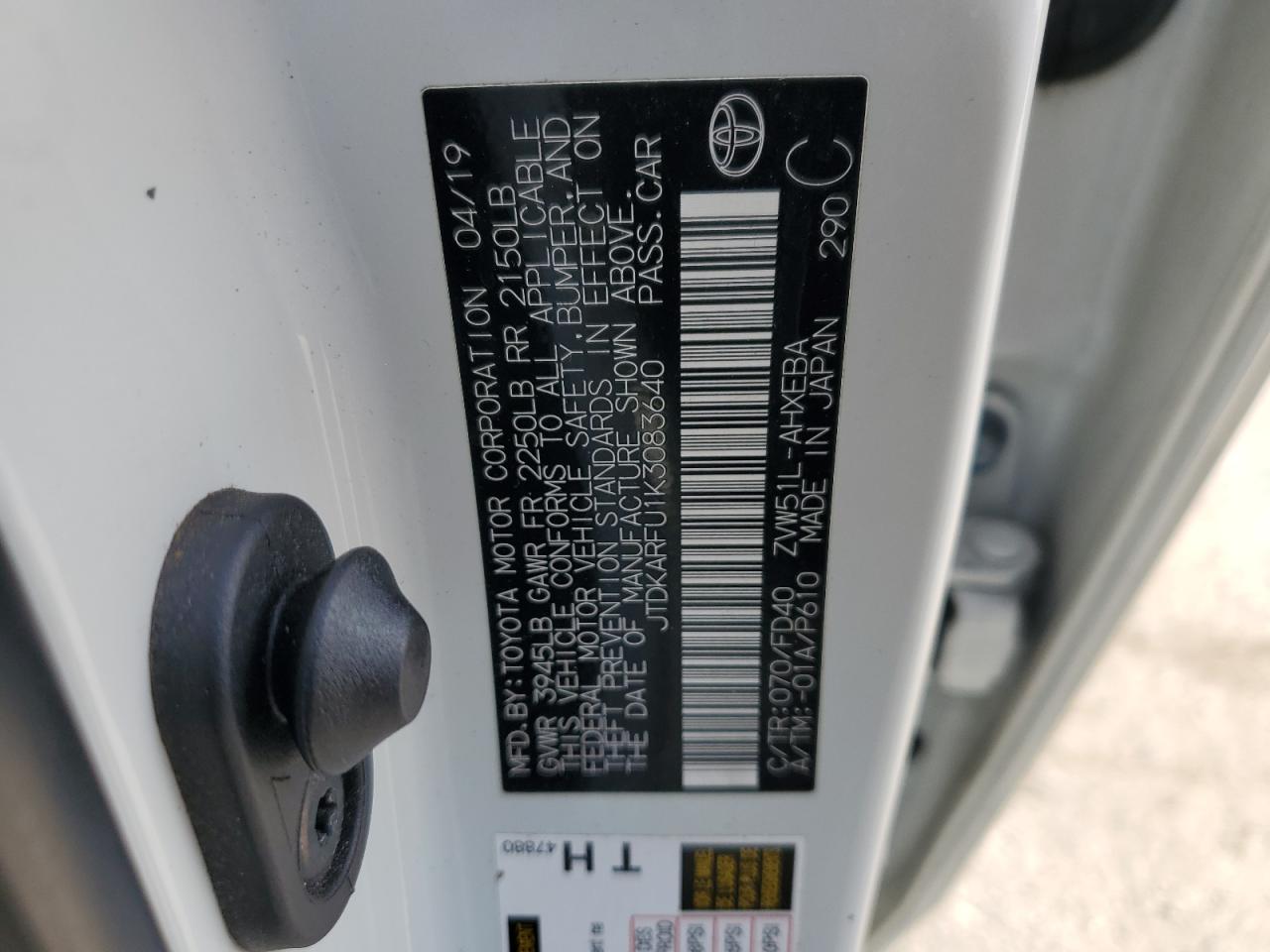 2019 Toyota Prius White vin: JTDKARFU1K3083640