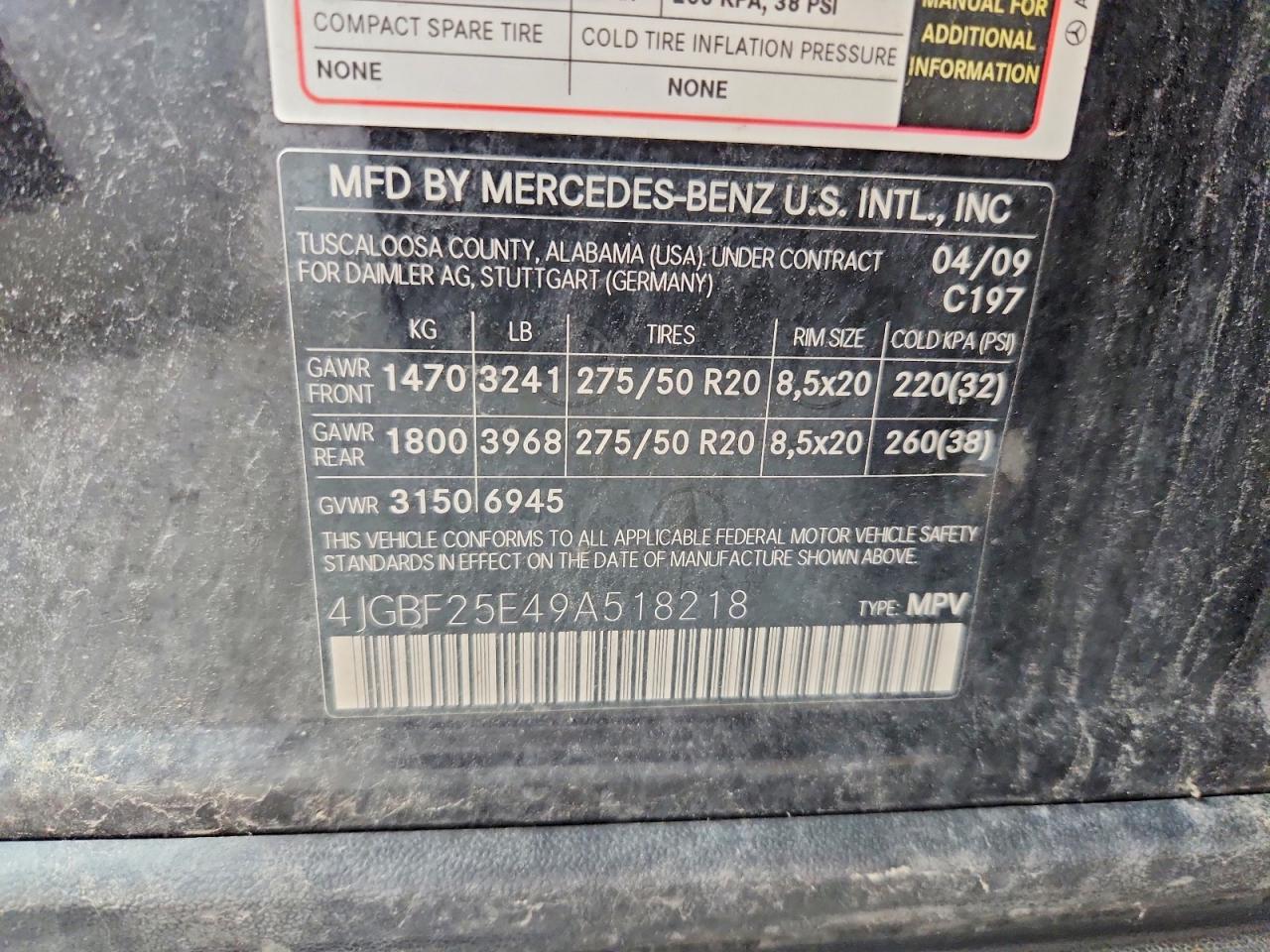 2009 Mercedes-benz Gl Black vin: 4JGBF25E49A518218