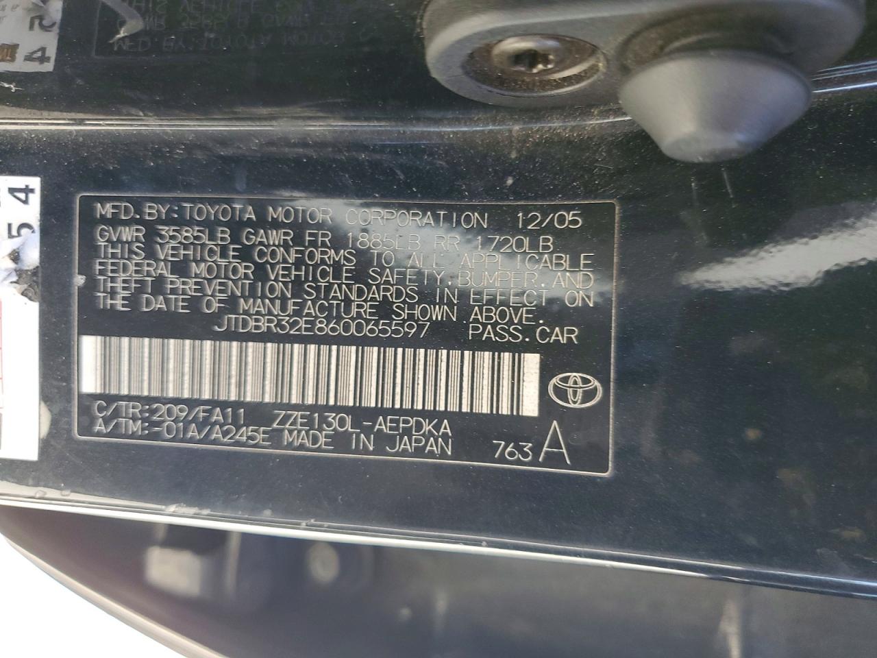 2006 Toyota Corolla Ce Black vin: JTDBR32E860065597