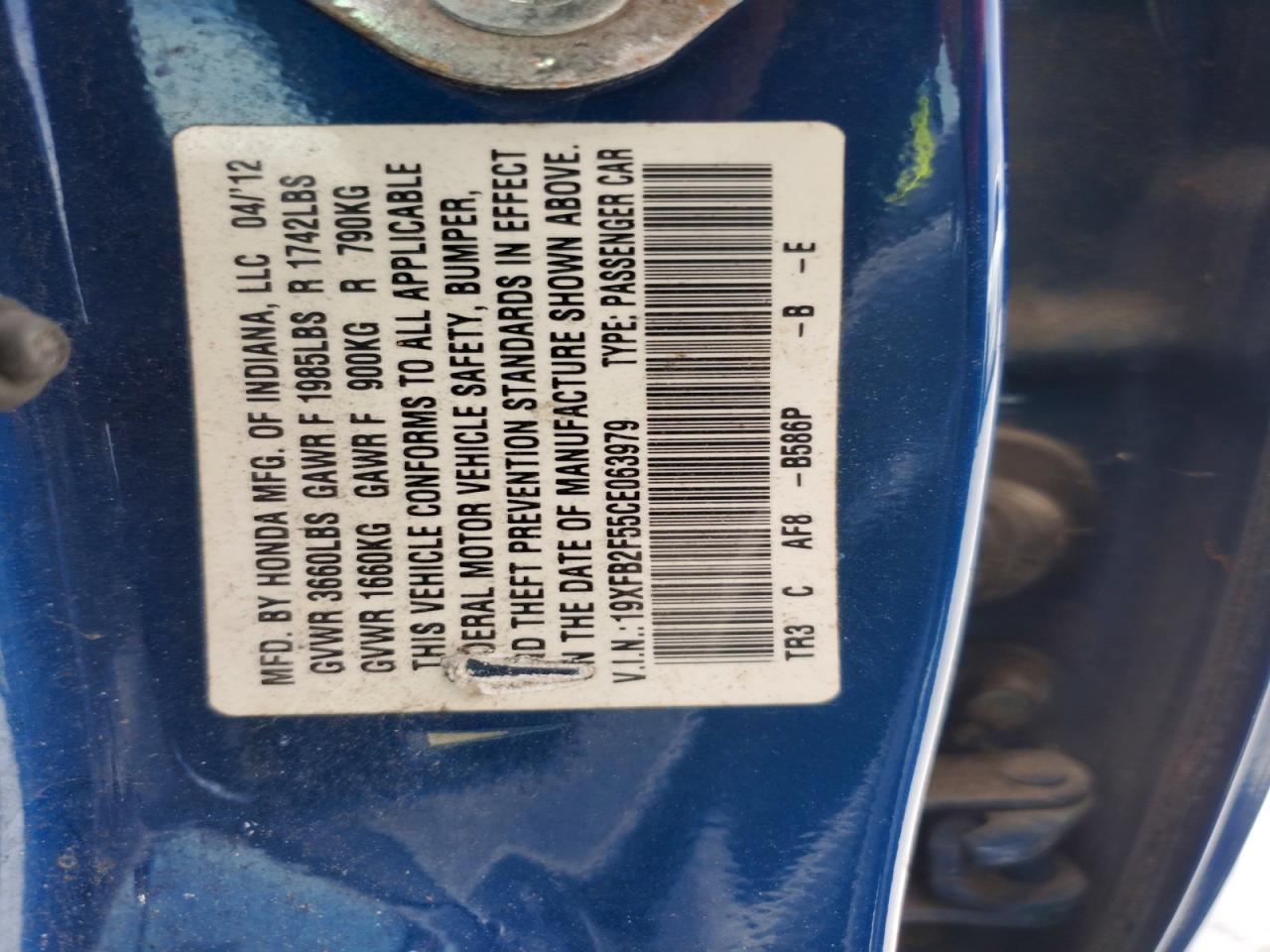 2012 Honda Civic Lx Blue vin: 19XFB2F55CE063979