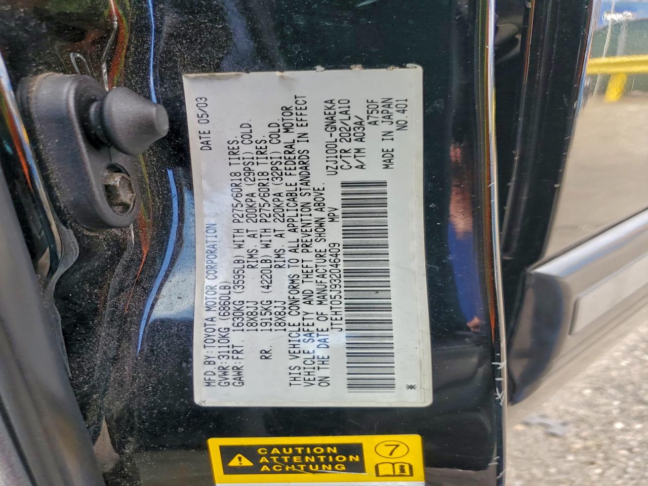 2003 Toyota Land Cruiser Black vin: JTEHT05J932046409