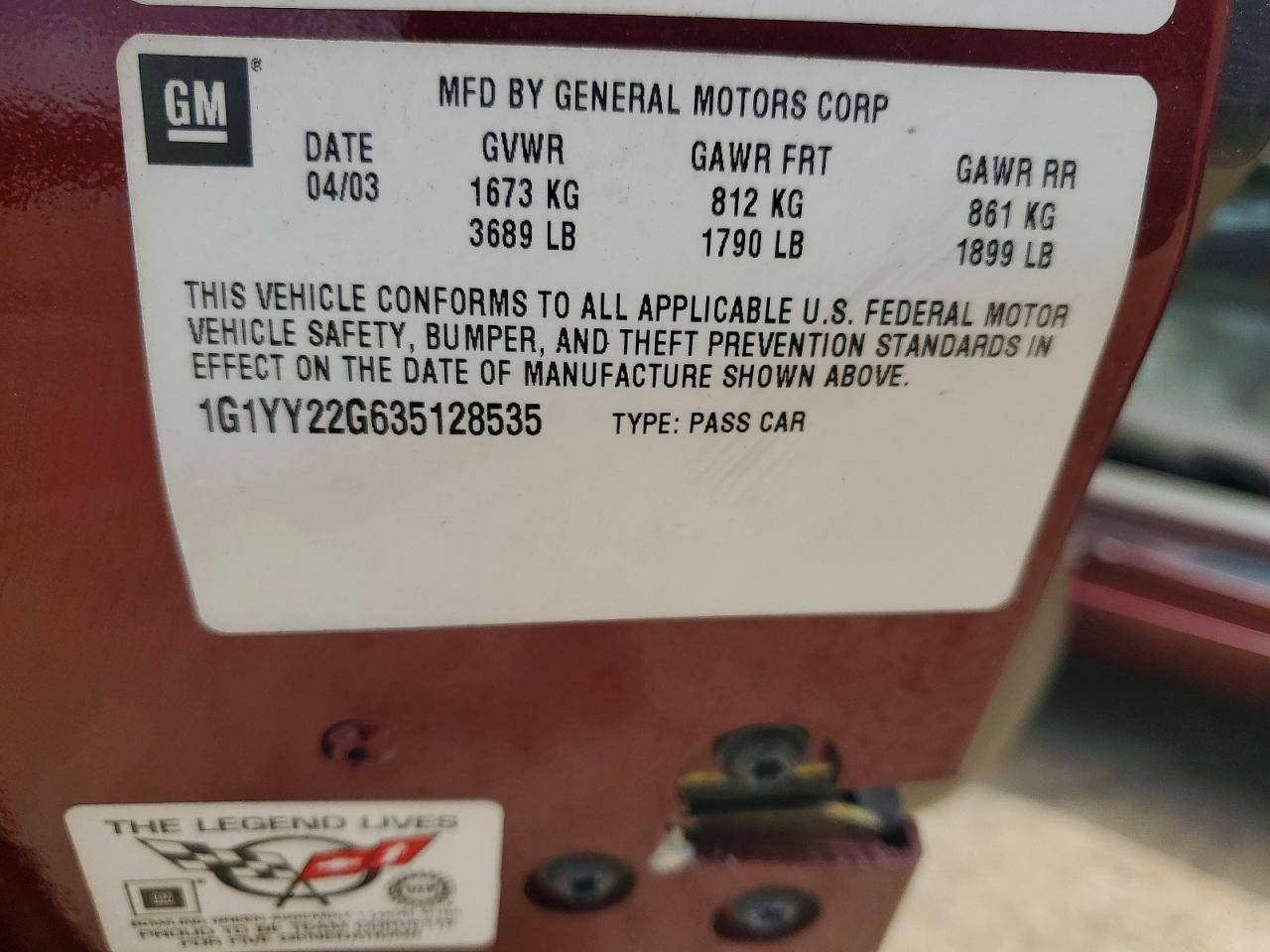 2003 Chevrolet Corvette Burgundy vin: 1G1YY22G635128535
