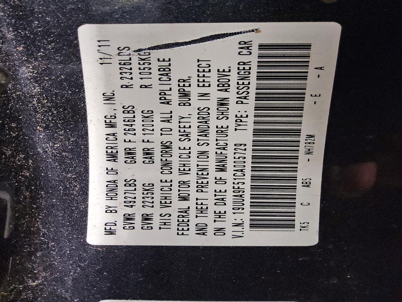 2012 Acura Tl Charcoal vin: 19UUA9F51CA005729