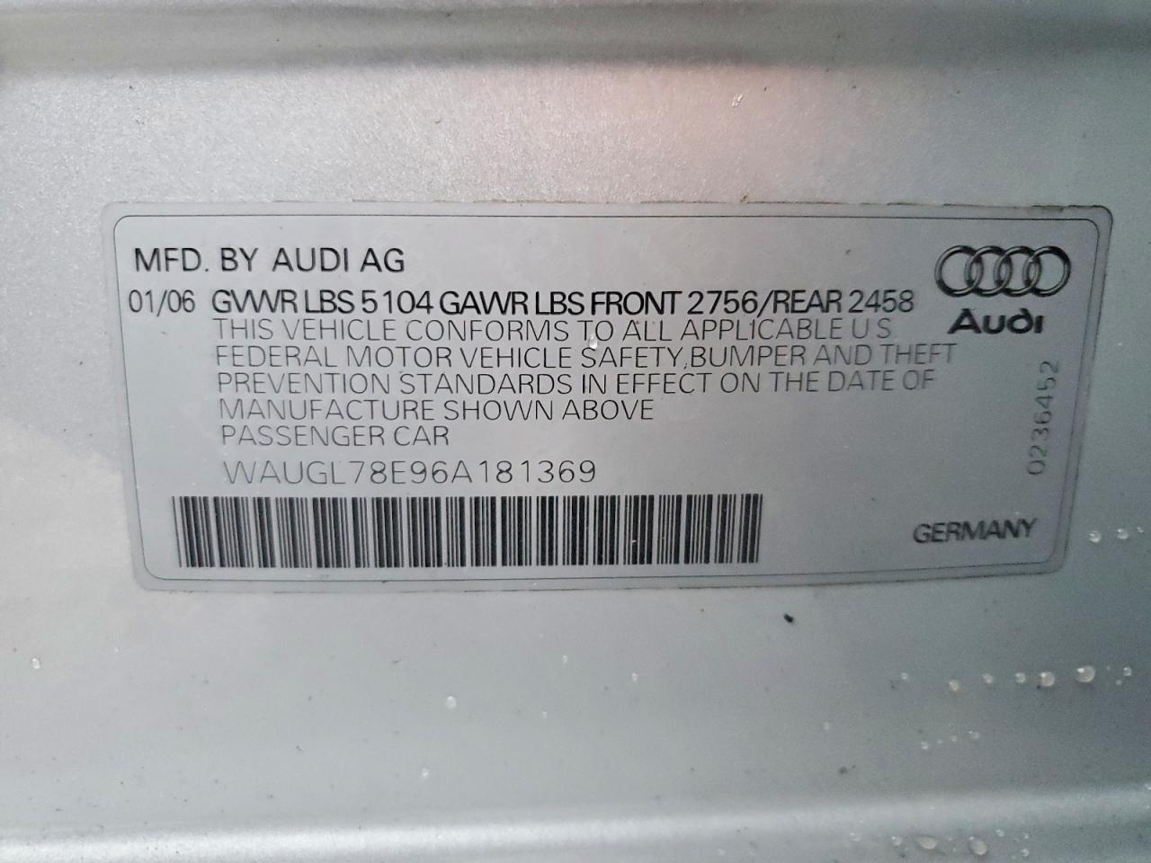 2006 Audi S4 Quattro Silver vin: WAUGL78E96A181369