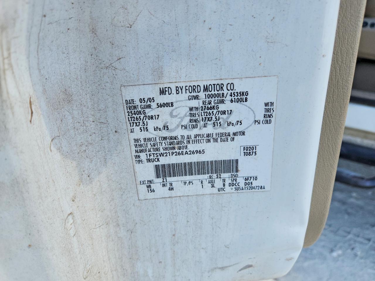 2006 Ford F250 Super Duty White vin: 1FTSW21P26EA26965