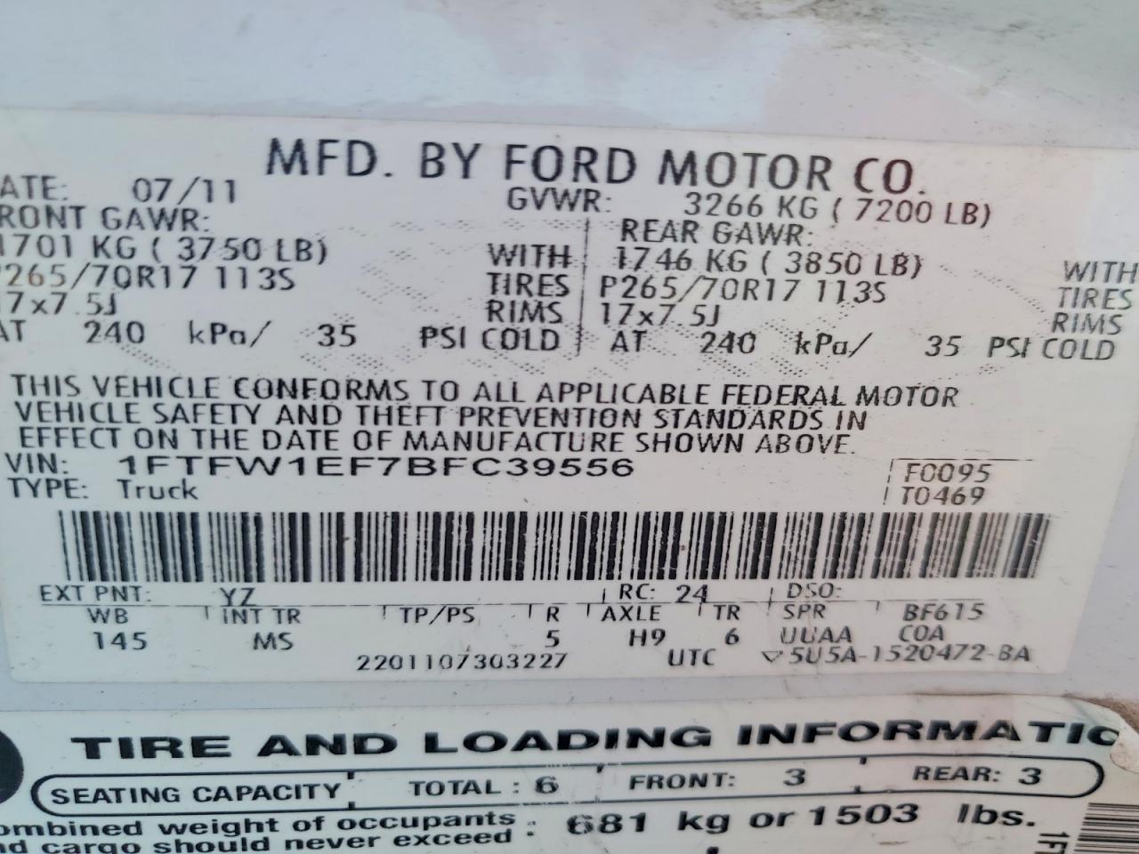 2011 Ford F150 Supercrew White vin: 1FTFW1EF7BFC39556