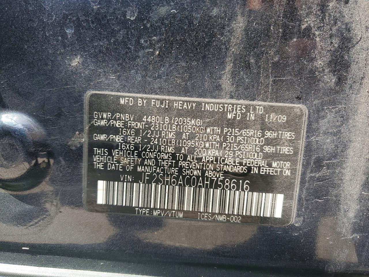 2010 Subaru Forester 2.5x Blue vin: JF2SH6AC0AH758616