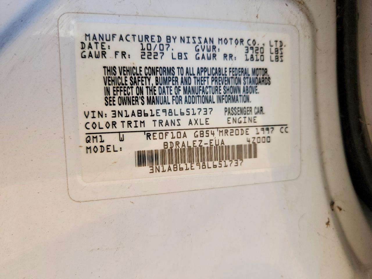2008 Nissan Sentra 2.0 White vin: 3N1AB61E98L651737