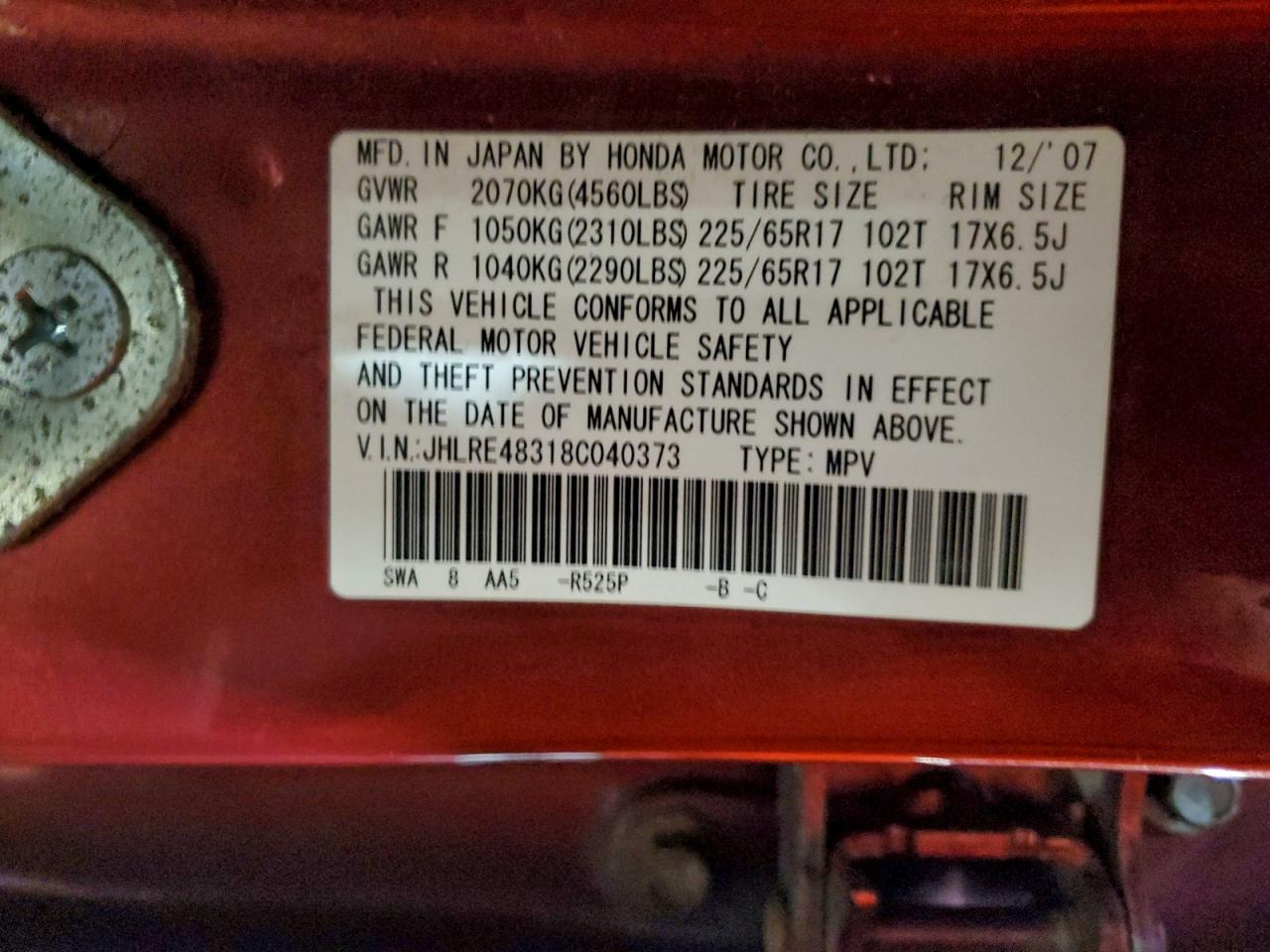 2008 Honda Cr-v Lx Red vin: JHLRE48318C040373